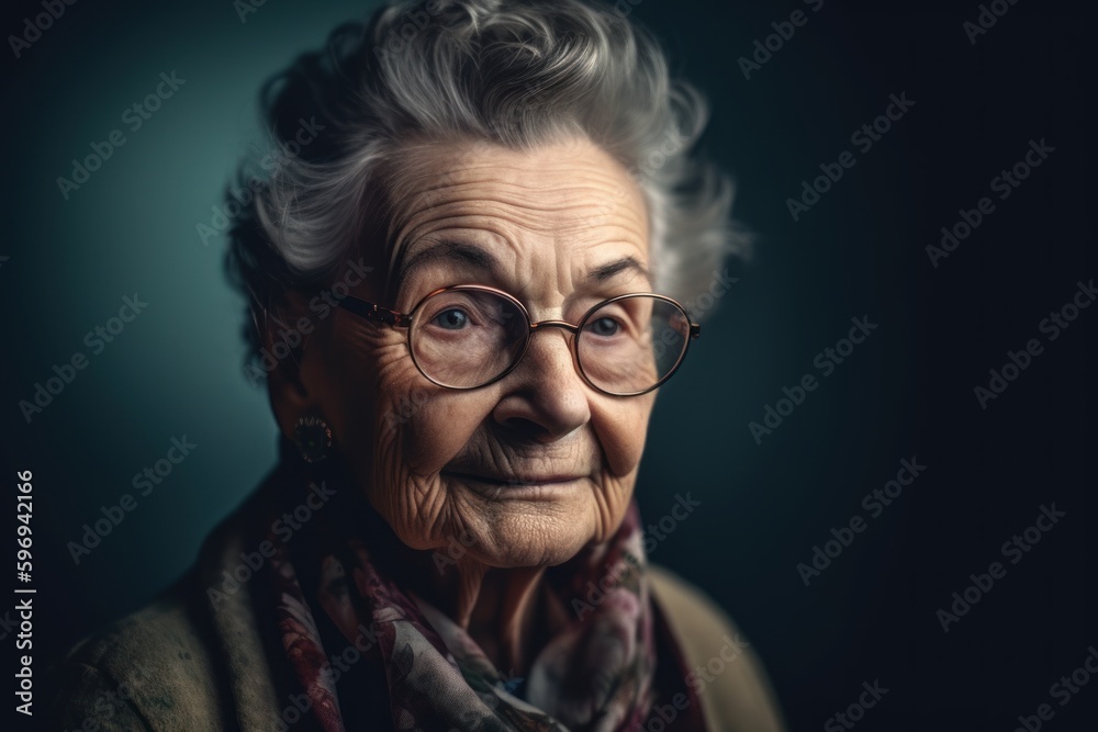 Portrait of an old woman with glasses on a dark background. Portrait of an old woman with glasses on a dark background.
