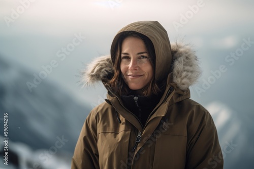 Portrait of a beautiful young woman in a warm jacket on the background of mountains
