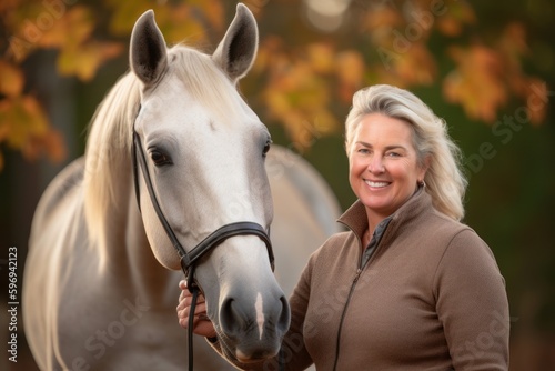 Beautiful blond woman with a white horse in the autumn park.