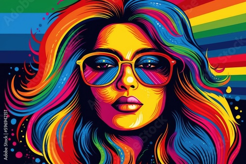 Pride month and LGBTQ awareness illustration. Colorful rainbow woman portrait with Generative AI