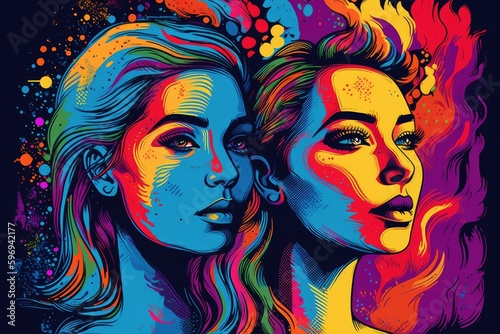 Illustration of lesbian couple, LGBTI and pride month awareness in colorful rainbow style with Generative AI