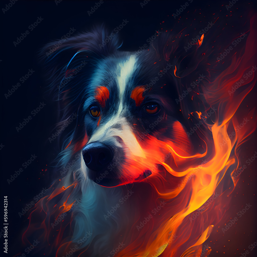 Fiery portrait of Australian shepherd dog on black background. Fire effect.