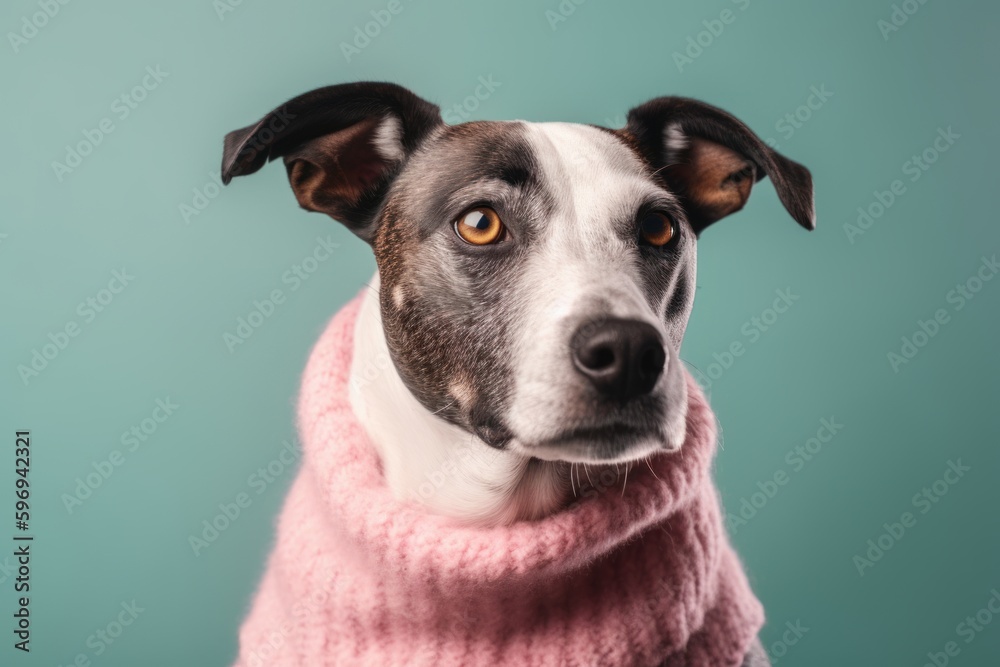 Funny dog in a pink knitted scarf on a blue background