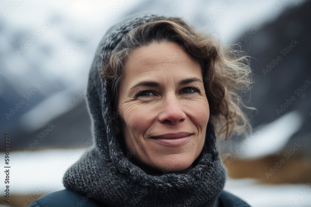 Portrait of a middle-aged woman in a gray knitted scarf on a background of mountains.