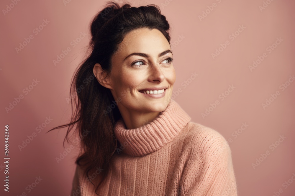 Fototapeta premium Portrait of a smiling young woman in pink sweater looking away over pink background