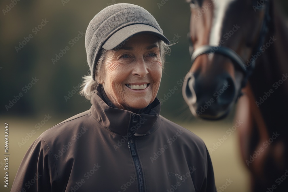 Portrait of smiling senior woman in cap and coat with her horse Portrait of smiling senior woman in cap and coat with her horse