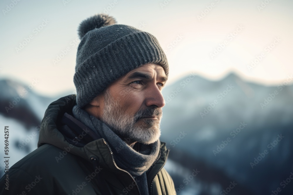Portrait of a senior man in winter jacket and hat on the background of snowy mountains