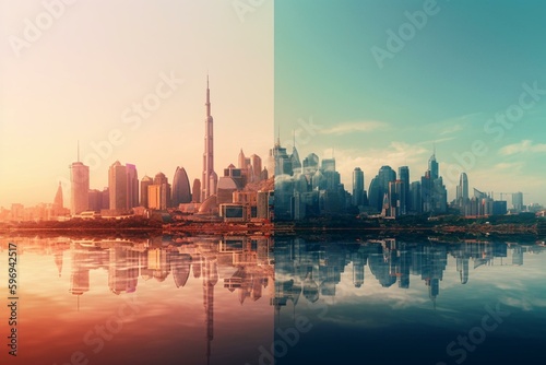 Skyline landmarks blend in transparent gradient layers. Generative AI