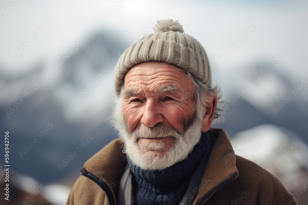 Portrait of senior man with grey beard and hat in winter mountains
