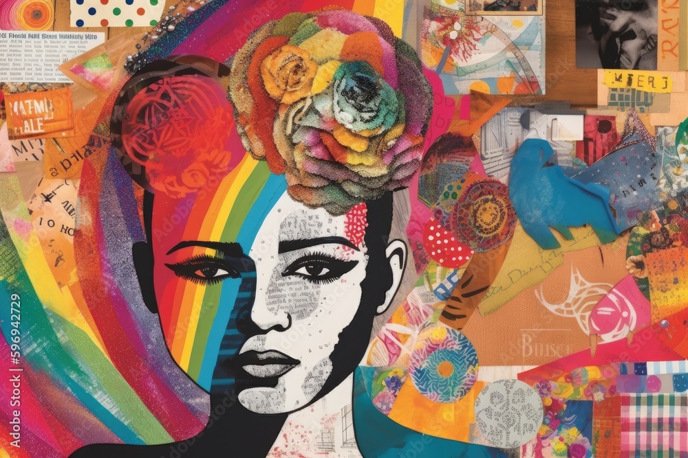 Collage illustration of a lesbian woman for Pride month with generative ai
