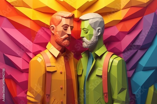 Gay men hugging each other, illustration in paper art style for pride month. Generative AI