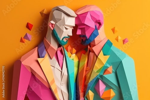 Gay men hugging each other, illustration in paper art style for pride month. Generative AI