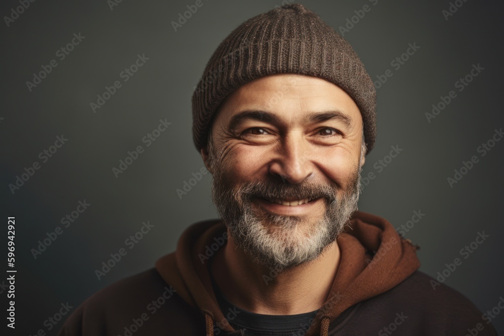 Portrait of a smiling middle-aged man in a warm hat and hoodie Portrait of a smiling middle-aged man in a warm hat and hoodie