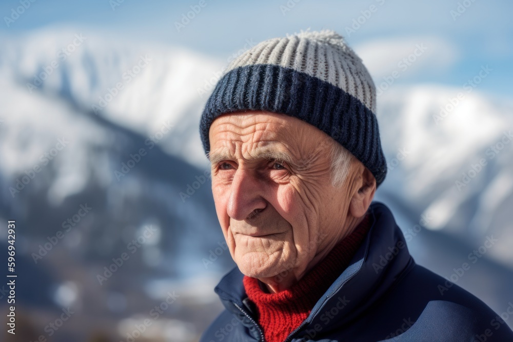 Portrait of an elderly man in a knitted hat on the background of mountains Portrait of an elderly man in a knitted hat on the background of mountains