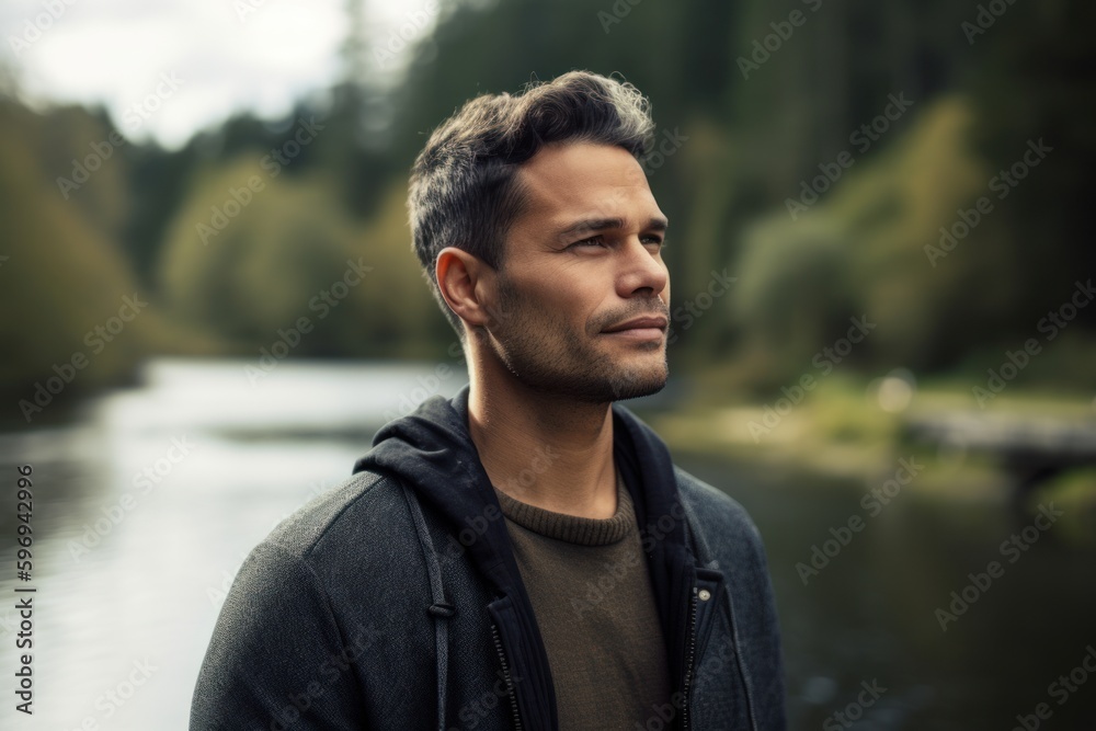 Portrait of a handsome young man standing by the river and looking away Portrait of a handsome young man standing by the river and looking away