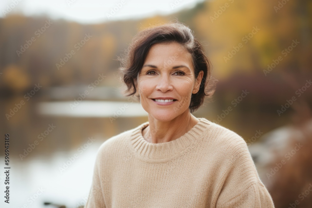 Close-up portrait photography of a cheerful woman in her 40s wearing a cozy sweater against a peaceful river or stream background. Generative AI