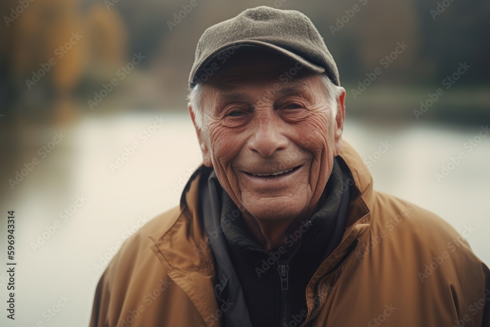 Portrait of senior man smiling at camera while standing near river. Portrait of senior man smiling at camera while standing near river.