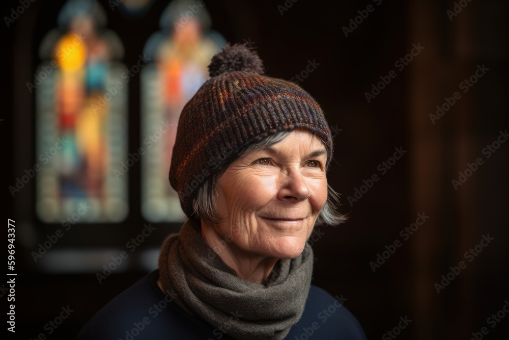 Portrait of smiling senior woman in a knitted hat and scarf