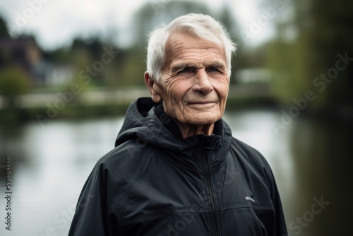Portrait of an elderly man standing by the lake in the park