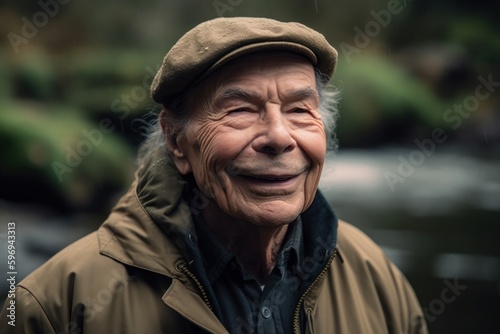 Portrait of an elderly asian man in raincoat at the river