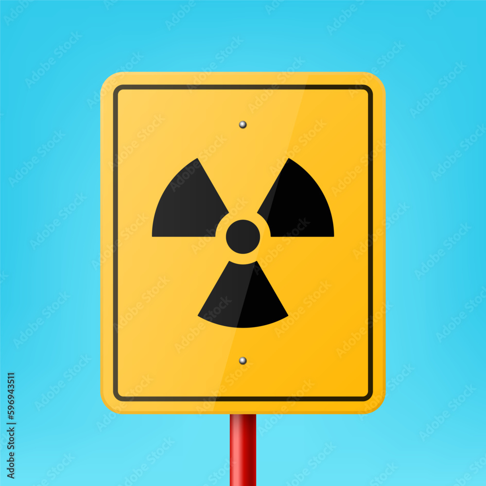 Vector Yellow Blank Rectangular Road Sign Frame with Radiation Sign, Icon, Nuclear Warning Symbol Icon Closeup on Blue Background. Road Pointer Plate Design Template, Front View Vector Yellow Blank Rectangular Road Sign Frame with Radiation Sign, Icon, Nuclear Warning Symbol Icon Closeup on Blue Background. Road Pointer Plate Design Template, Front View