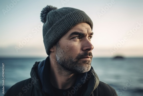 young handsome bearded hipster man at the seaside in winter hat