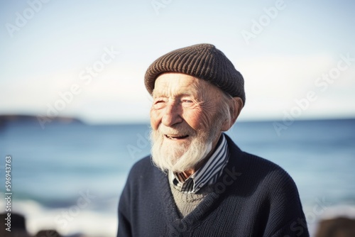 Full-length portrait photography of a cheerful elderly 100 years old man wearing a warm beanie or knit hat against a water or ocean background. Generative AI