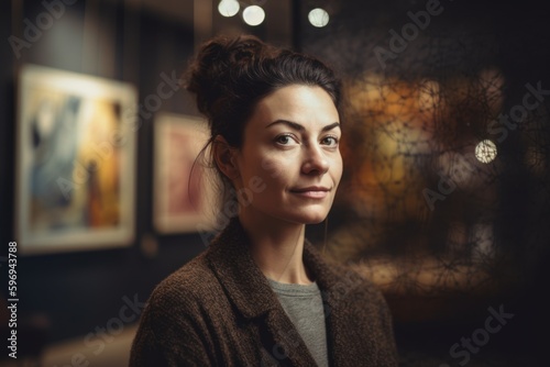 Fotografiet Medium shot portrait photography of a satisfied woman in her 30s wearing a cozy sweater against an art gallery or museum background