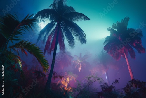 Artistic depiction of neon-lit palm trees in a tropical foggy landscape. Generative AI