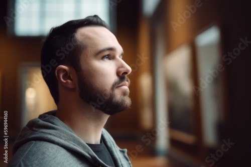Portrait of a handsome young man with beard looking away in the mosque