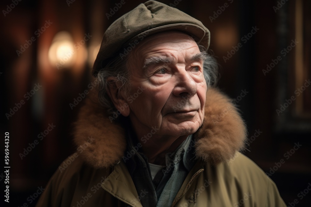 Portrait of an elderly man in a cap and coat with a hood. Portrait of an elderly man in a cap and coat with a hood.