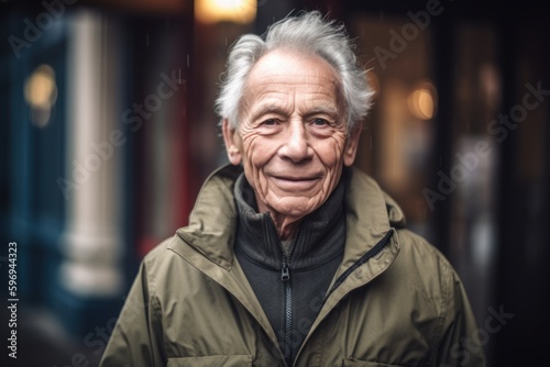 Portrait of a senior man in a raincoat on the street