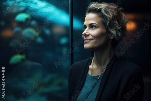 Portrait of a beautiful woman looking at the aquarium with fishes.