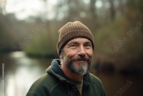 Portrait of a handsome bearded man in a hat standing by the river