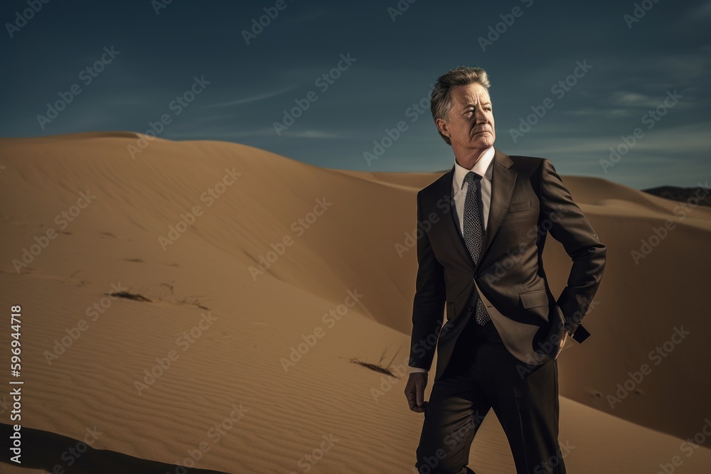 Portrait of senior businessman in suit standing in desert and looking away Portrait of senior businessman in suit standing in desert and looking away
