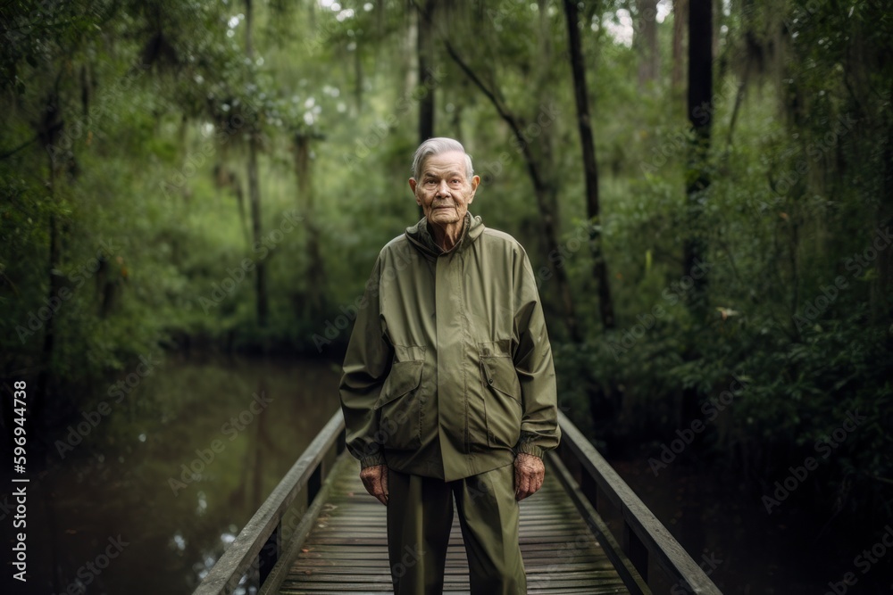 Elderly man standing on a wooden bridge in the woods.