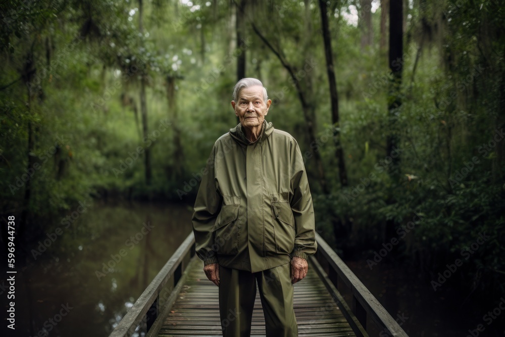 Elderly man standing on a wooden bridge in the woods. Elderly man standing on a wooden bridge in the woods.