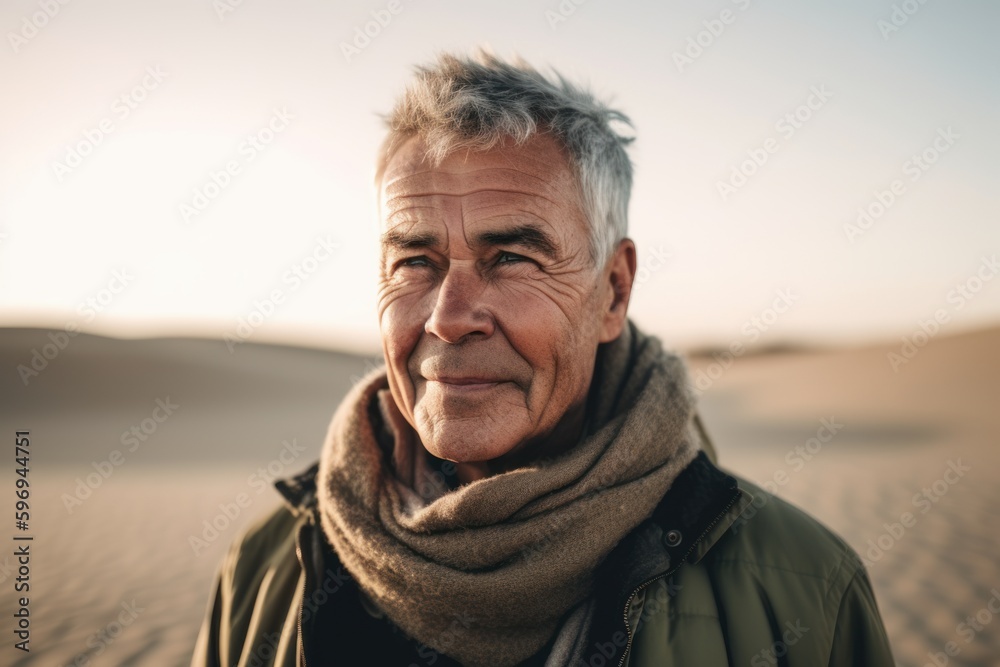 Portrait of senior man in the middle of the desert at sunrise Portrait of senior man in the middle of the desert at sunrise