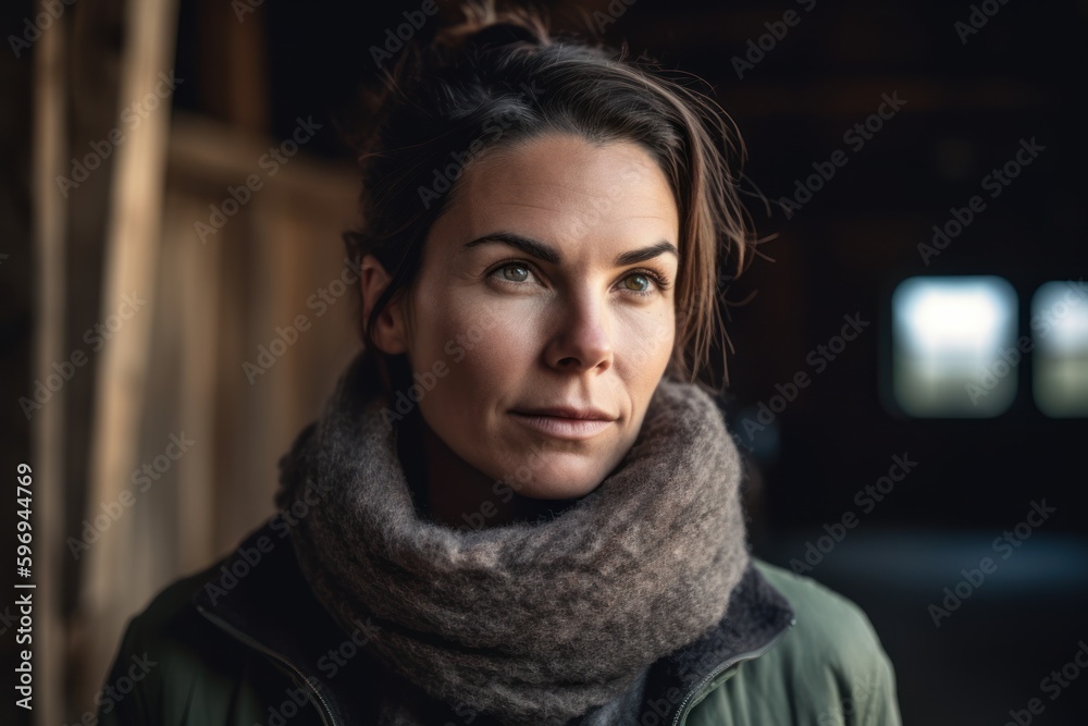 Portrait of a beautiful young woman in a green jacket and scarf Portrait of a beautiful young woman in a green jacket and scarf