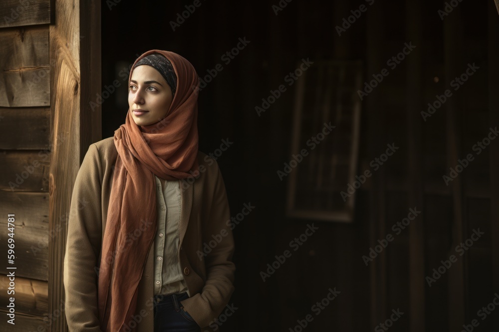 Portrait of a young muslim woman with hijab standing in front of a wooden door Portrait of a young muslim woman with hijab standing in front of a wooden door
