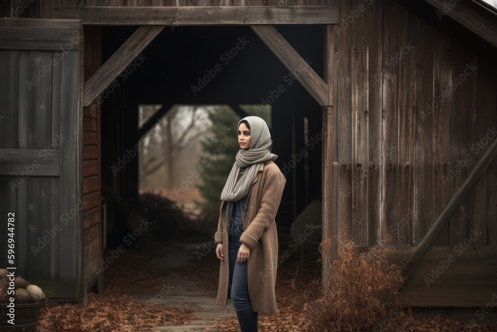 Beautiful Muslim woman wearing a hijab standing in the middle of a wooden house