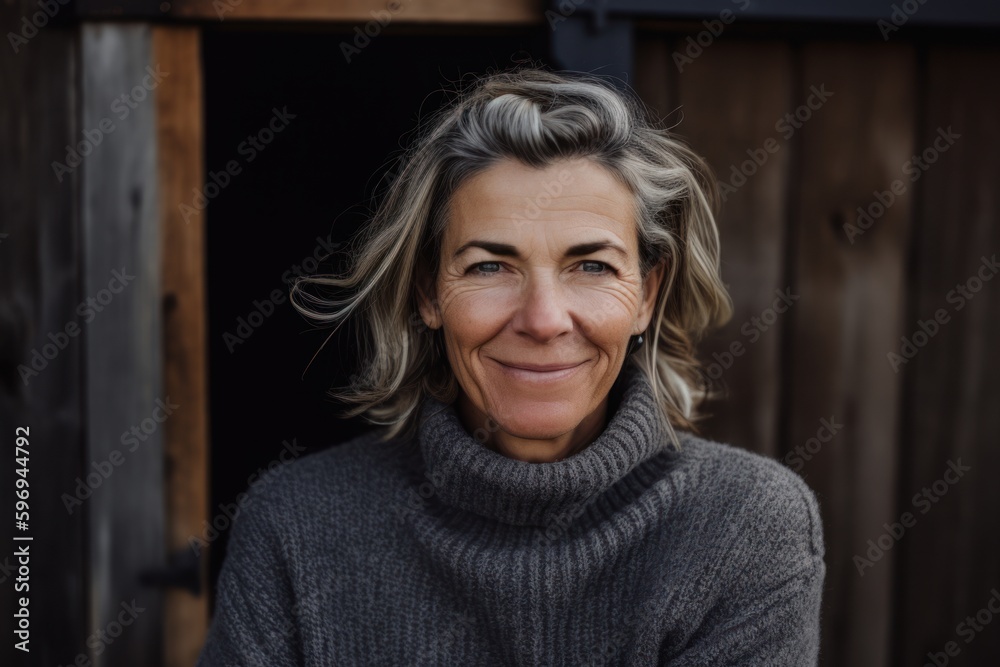 Portrait of a beautiful middle-aged woman in a gray sweater Portrait of a beautiful middle-aged woman in a gray sweater