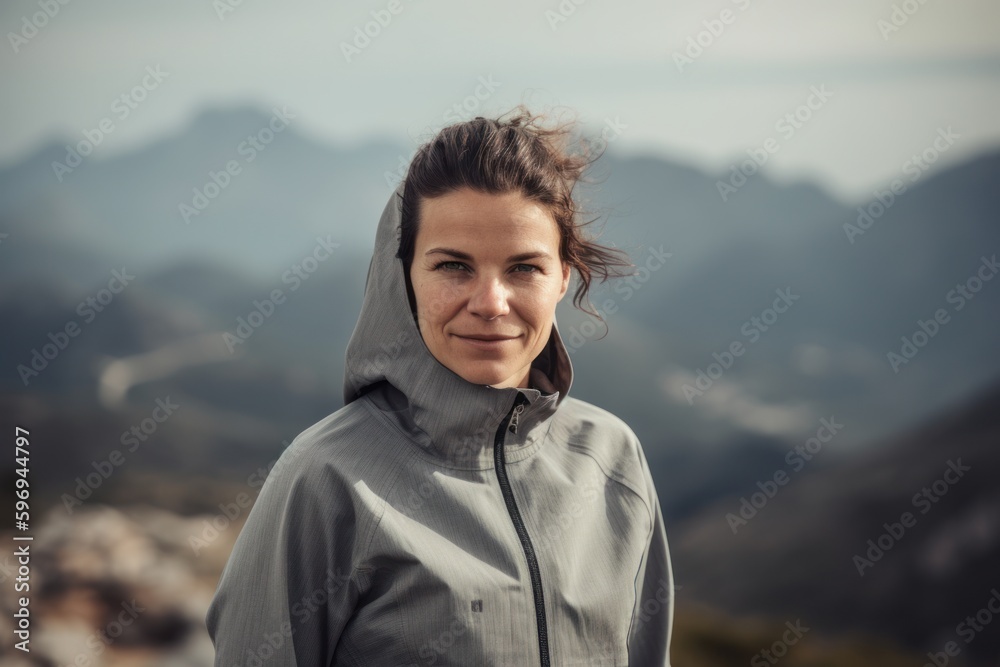 Portrait of a young woman in a sports jacket on top of a mountain Portrait of a young woman in a sports jacket on top of a mountain