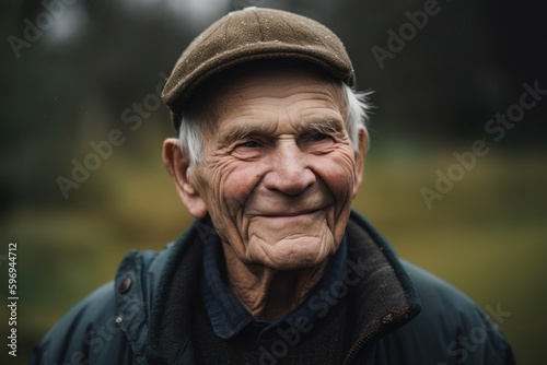 Portrait of an old man in a cap on the nature.