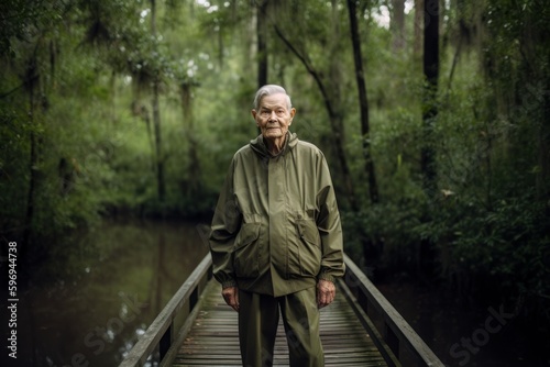 Elderly man standing on a wooden bridge in the woods. © Eber Braun