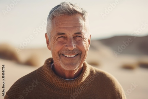 Portrait of smiling senior man standing on sand dunes at beach