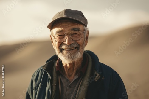 Portrait of a senior man standing in the desert and looking at camera