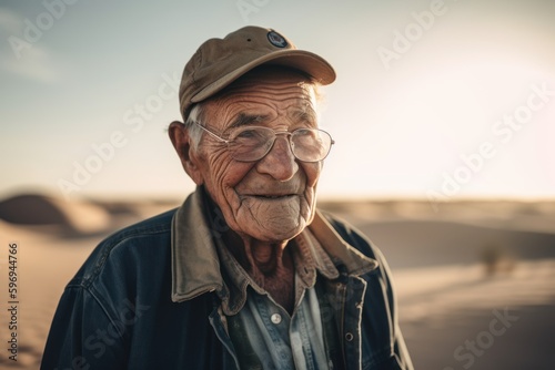 Portrait of an elderly man in the middle of the desert.