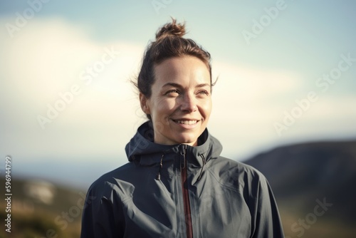 Portrait of a smiling young woman standing in the mountains and looking at camera