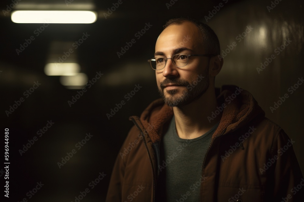 Portrait of a handsome young man with beard and glasses in a dark tunnel